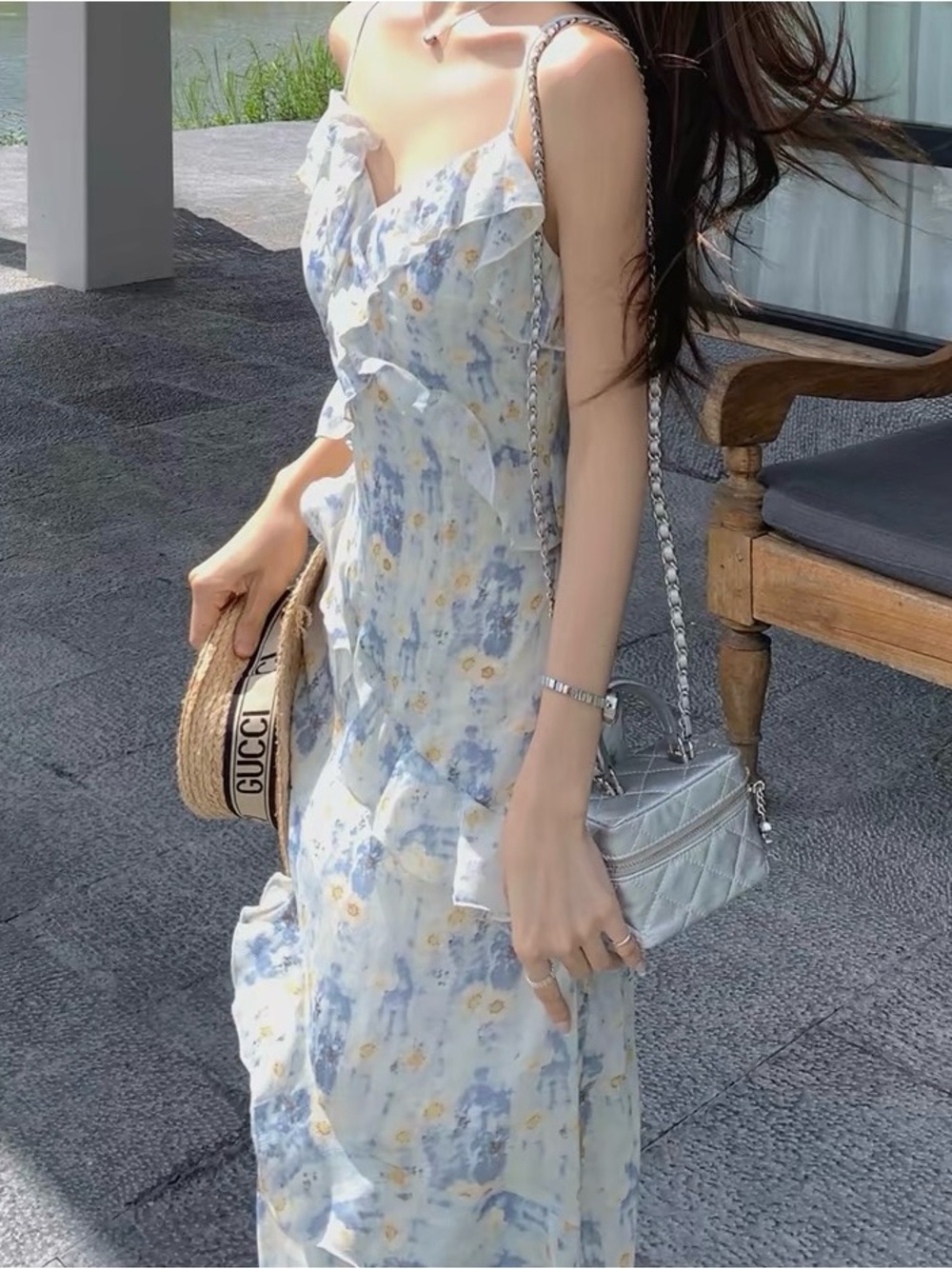 Brand new Floral Ruffle Maxi Slip Dress in Blue & White